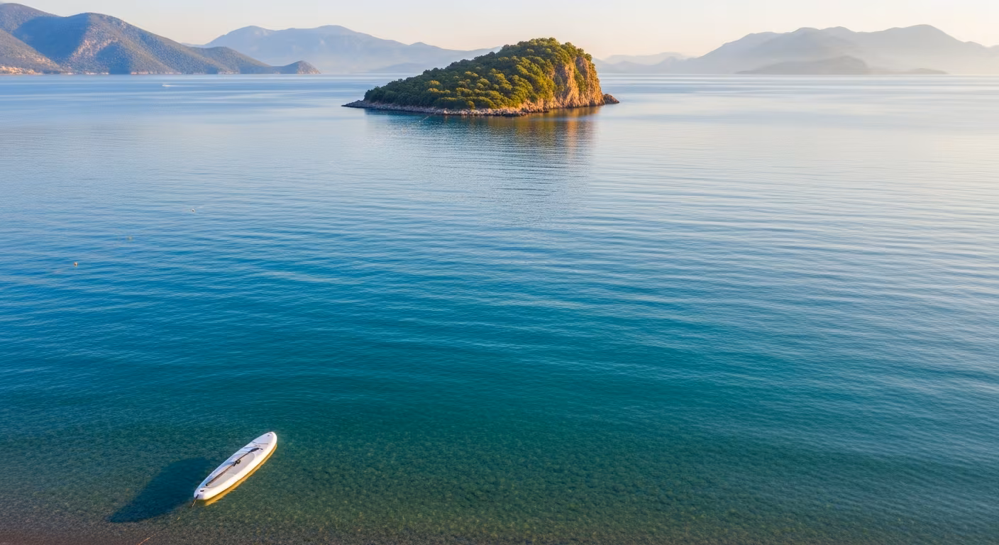 Çalış'tan Şövalye Adasına 1,5 km SUP rotası — sakin Akdeniz, boş paddleboard, ada hava görünümü