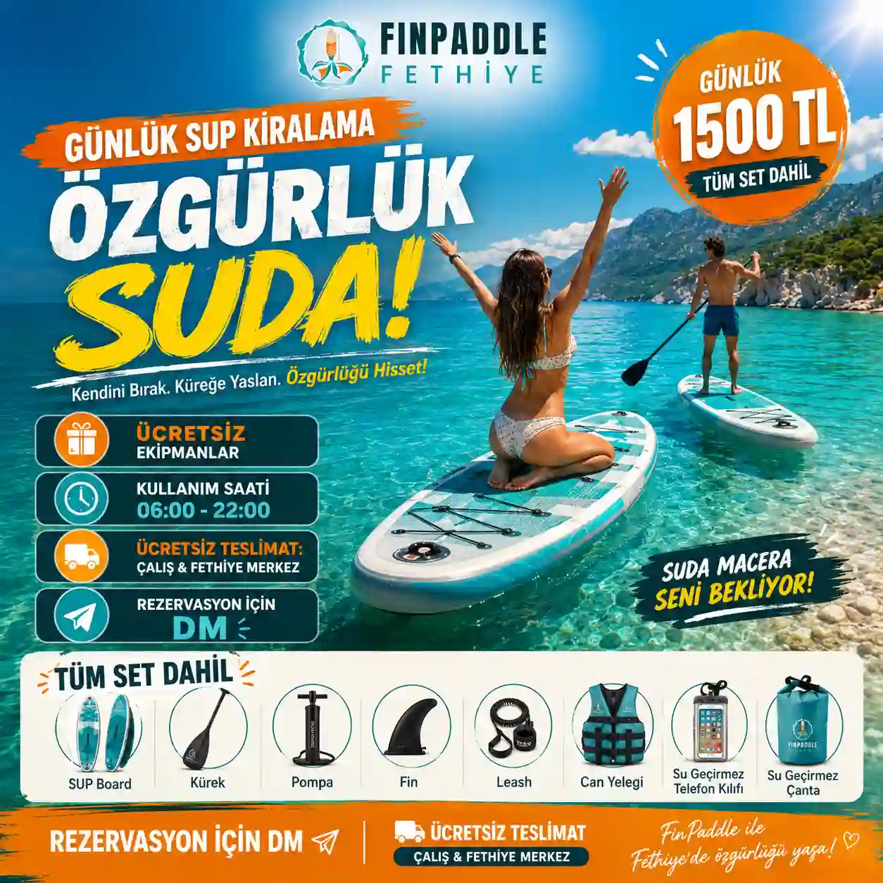 Акция FinPaddle Fethiye на дневную аренду SUP, полный комплект за 1 500 TL