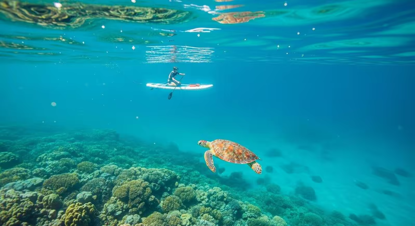 Calm Mediterranean morning at Çalış Beach with paddleboard on glassy water — FinPaddle Fethiye SUP rental